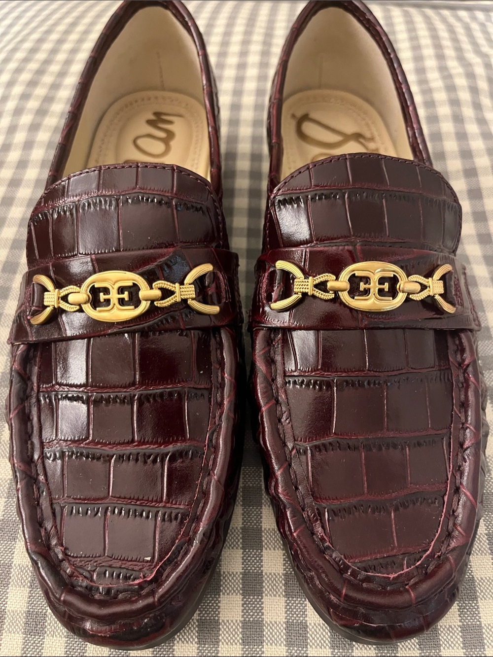 Sam Edelman Burgundy Croc-Embossed Loafers with Gold Bit